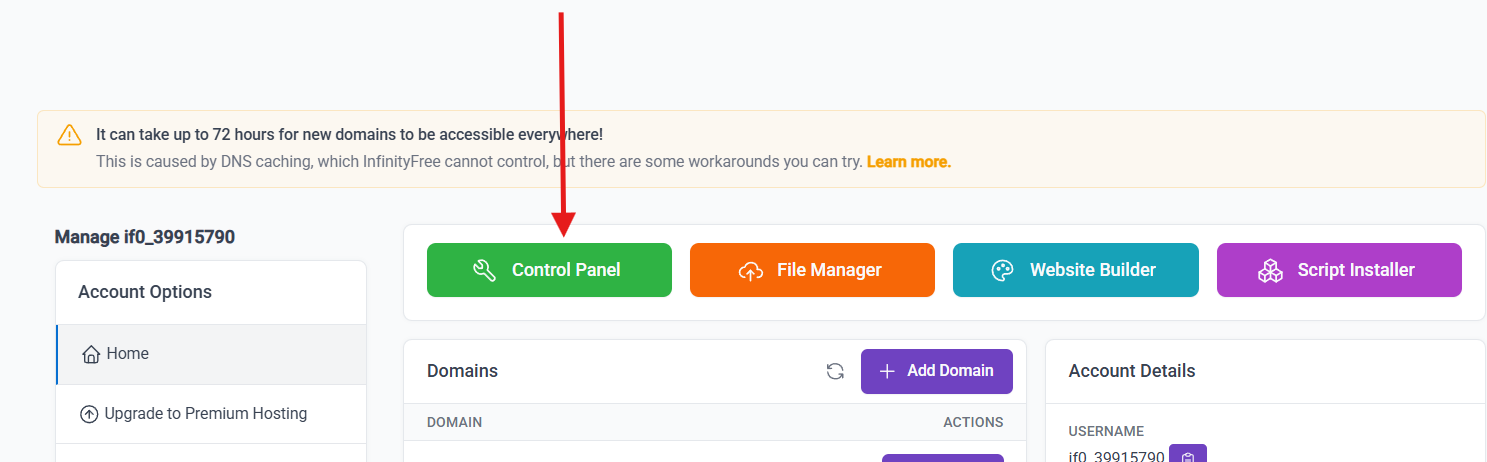 infinityfree control panel